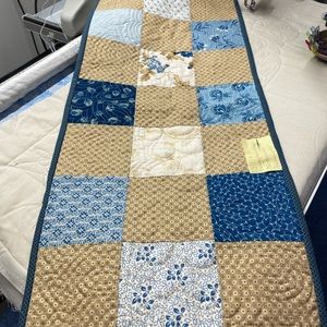 Handmade quilted table runner, topper. Made with beautiful creams, blues & tans.